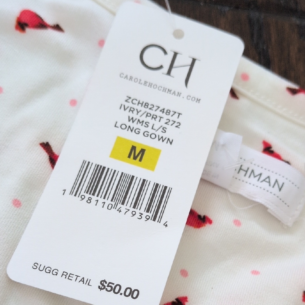 CAROLE HOCHMAN I NWT Brushed Ivory Long Sleeve Carinal Print Nightgown, M - Picture 5 of 11